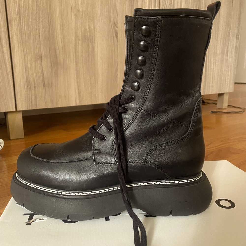 Topshop Apis leather chunky lace up boots in black